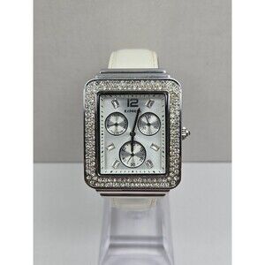 Express Womens Day Date 35mm Watch Rhinestones White Leather Quartz New Battery